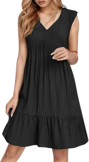 Womens Summer Sleeveless V-Neck Dresses Flowy Boho Beach Sundress Casual Swing Mini Dress with Ruffle Hem for Vacations