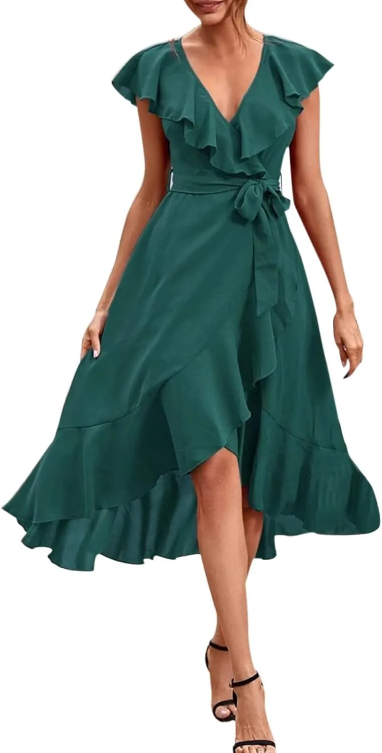 Women's Summer Wrapped Long Skirt Casual Subdeep V Neck Short Sleeve Frilly Split Beach Long Dress Womens Dresses