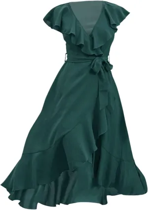 Women's Summer Wrapped Long Skirt Casual Subdeep V Neck Short Sleeve Frilly Split Beach Long Dress Womens Dresses