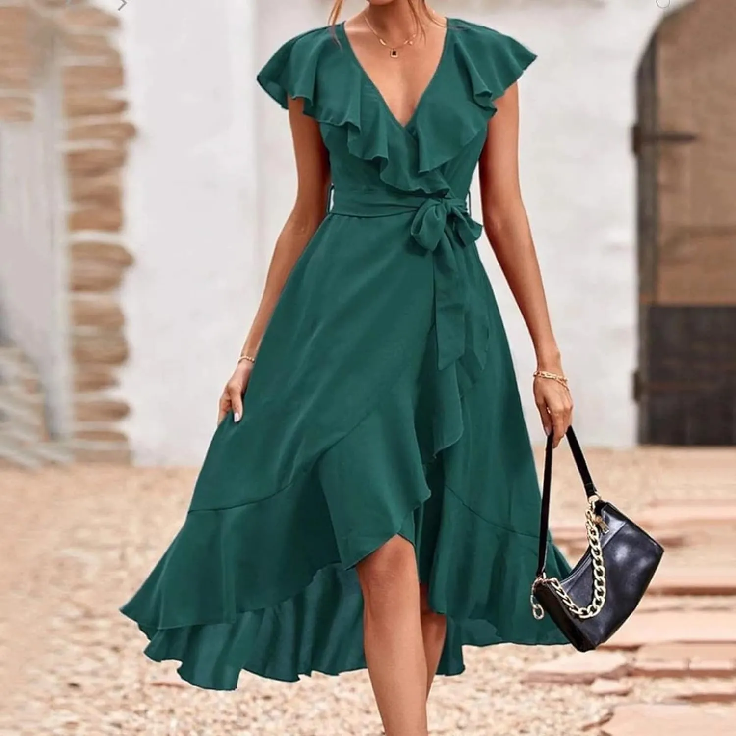 Women's Summer Wrapped Long Skirt Casual Subdeep V Neck Short Sleeve Frilly Split Beach Long Dress Womens Dresses