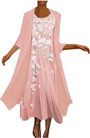 Womens Two-Piece Set Floral Print Midi Sleeveless Dress with Cardigan Chiffon Flowy Plus Size Wedding Guest Dresses