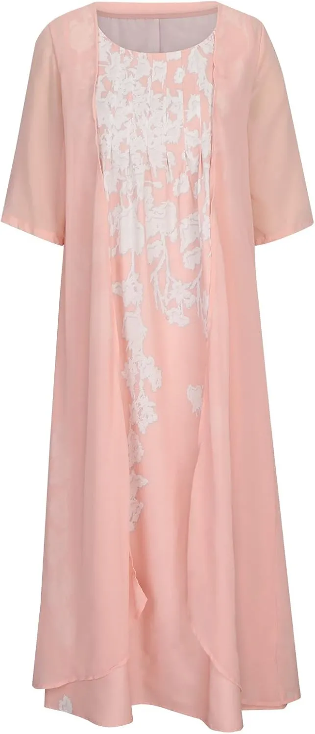 Womens Two-Piece Set Floral Print Midi Sleeveless Dress with Cardigan Chiffon Flowy Plus Size Wedding Guest Dresses