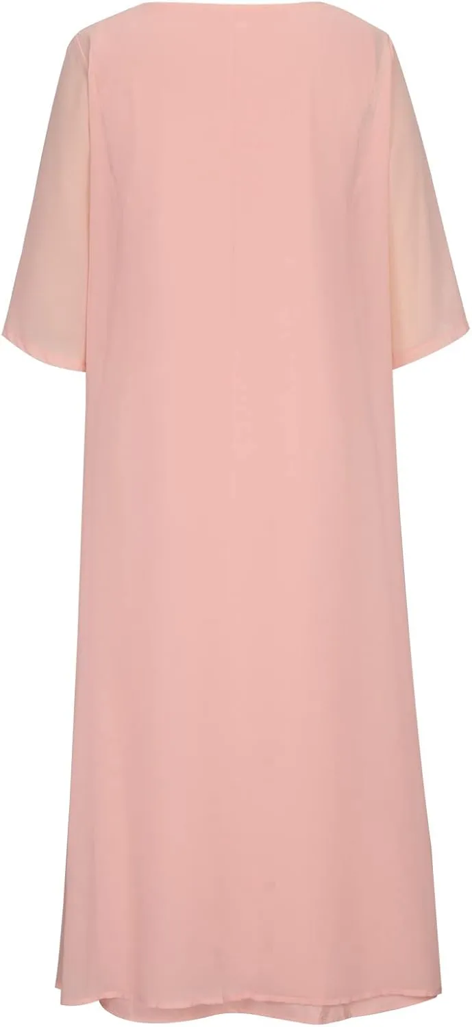 Womens Two-Piece Set Floral Print Midi Sleeveless Dress with Cardigan Chiffon Flowy Plus Size Wedding Guest Dresses
