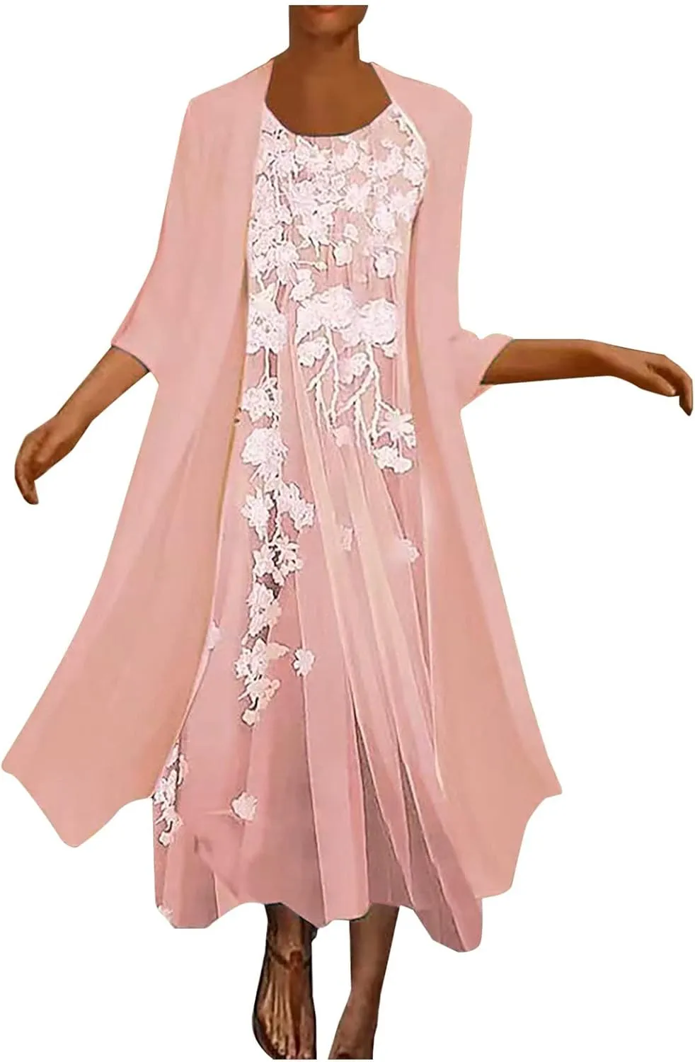 Womens Two-Piece Set Floral Print Midi Sleeveless Dress with Cardigan Chiffon Flowy Plus Size Wedding Guest Dresses