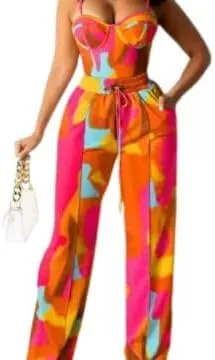 Women's Two Piece Strapless Jumpsuit, Colorful Abstract Print, Wide Leg with Belt, Orange and Pink