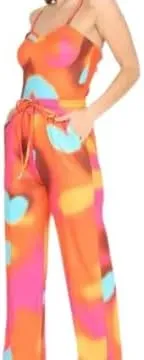 Women's Two Piece Strapless Jumpsuit, Colorful Abstract Print, Wide Leg with Belt, Orange and Pink