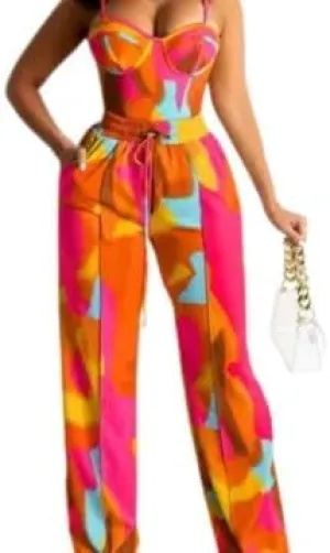 Women's Two Piece Strapless Jumpsuit, Colorful Abstract Print, Wide Leg with Belt, Orange and Pink