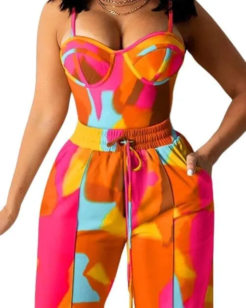 Women's Two Piece Strapless Jumpsuit, Colorful Abstract Print, Wide Leg with Belt, Orange and Pink