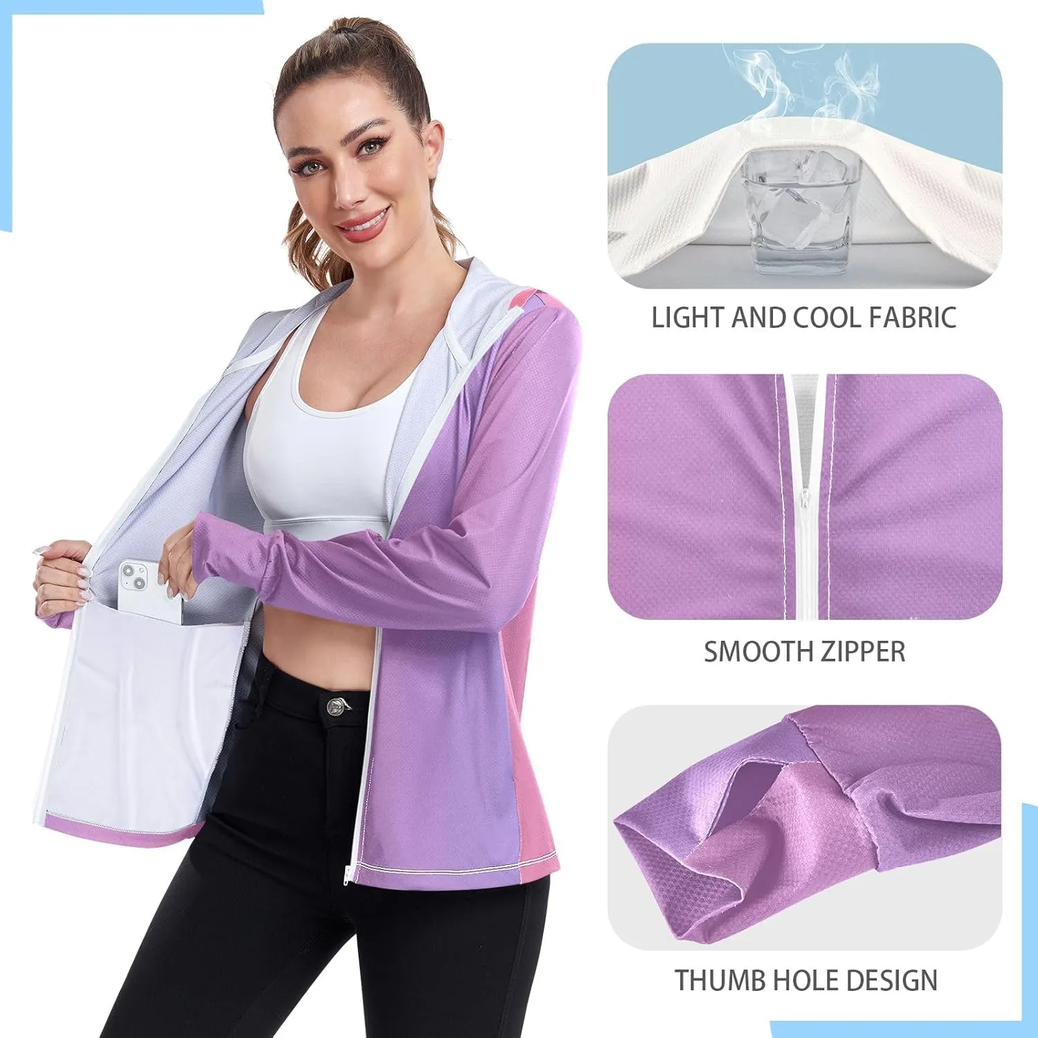 Womens Upf Hoodie Purple Pink Gradient UV Cooling Hoodie Summer Clothing Long Sleeve Spf 50 Quick Dry Cooling Shirts