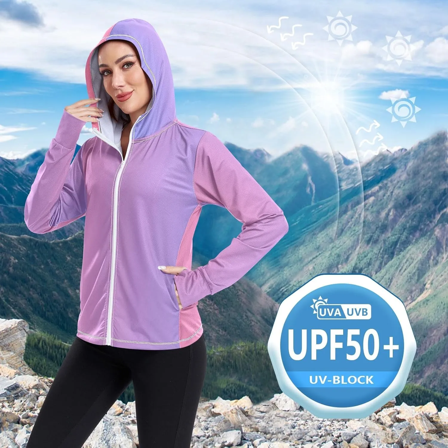 Womens Upf Hoodie Purple Pink Gradient UV Cooling Hoodie Summer Clothing Long Sleeve Spf 50 Quick Dry Cooling Shirts