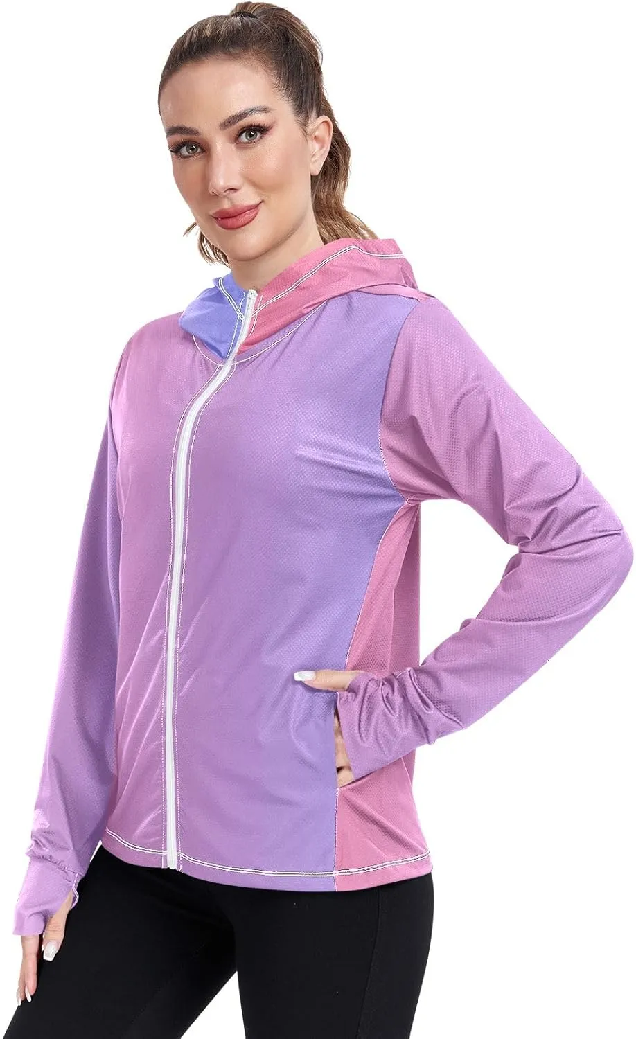 Womens Upf Hoodie Purple Pink Gradient UV Cooling Hoodie Summer Clothing Long Sleeve Spf 50 Quick Dry Cooling Shirts