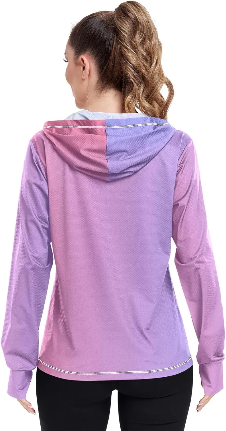 Womens Upf Hoodie Purple Pink Gradient UV Cooling Hoodie Summer Clothing Long Sleeve Spf 50 Quick Dry Cooling Shirts
