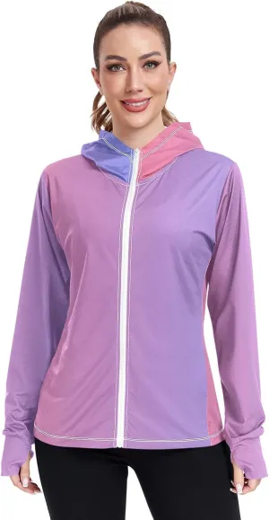 Womens Upf Hoodie Purple Pink Gradient UV Cooling Hoodie Summer Clothing Long Sleeve Spf 50 Quick Dry Cooling Shirts