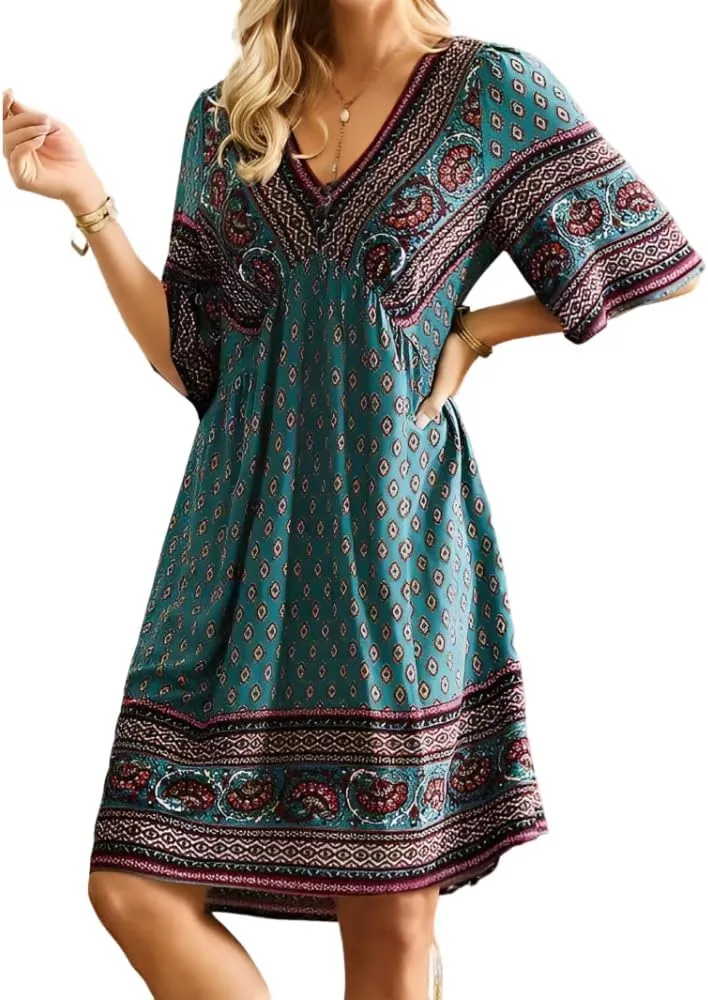 Women's Vintage Ethnic Boho Printed V Neck Tunic Midi Dresses Loose Half Sleeve Plus Size Flowy Knee Length Dress 2025