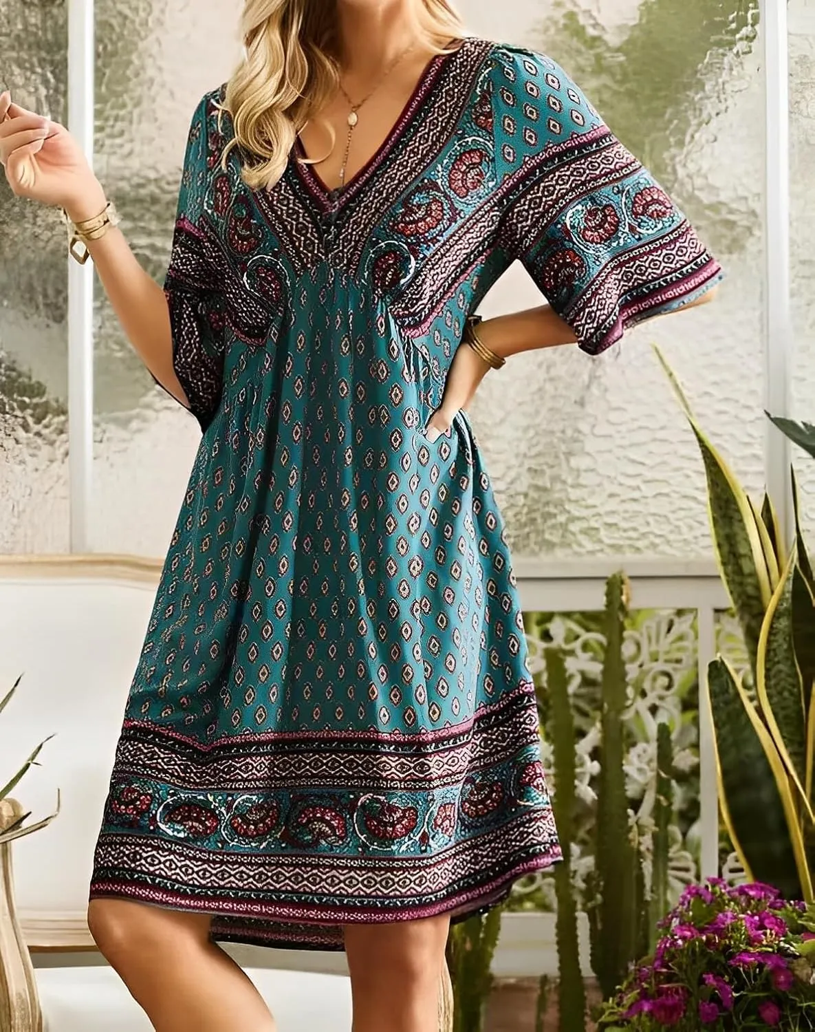 Women's Vintage Ethnic Boho Printed V Neck Tunic Midi Dresses Loose Half Sleeve Plus Size Flowy Knee Length Dress 2025