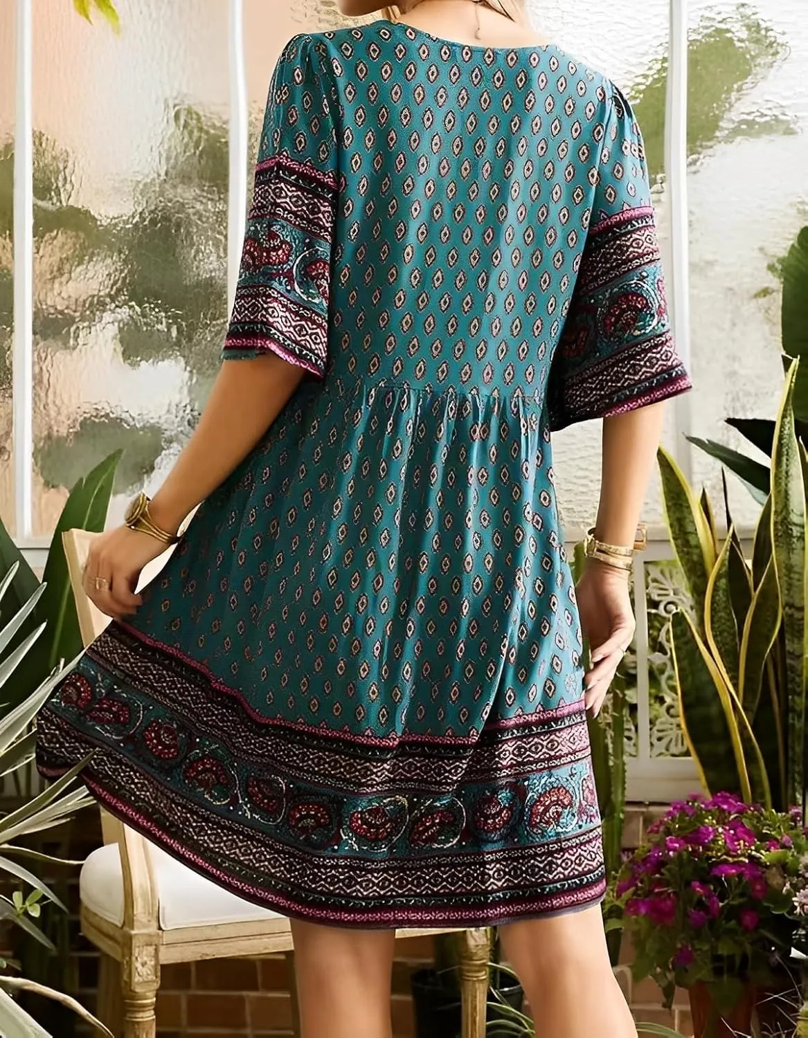 Women's Vintage Ethnic Boho Printed V Neck Tunic Midi Dresses Loose Half Sleeve Plus Size Flowy Knee Length Dress 2025