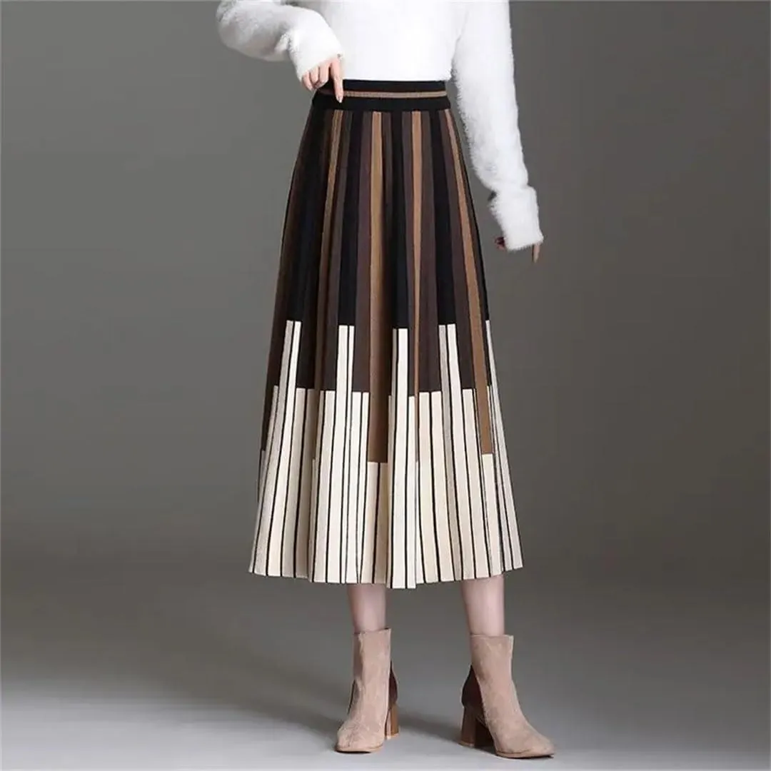 Women's Woolen Slim Skirt High Waist Stripe Loose Office Knitted Pleated A-Line Skirt