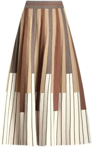 Women's Woolen Slim Skirt High Waist Stripe Loose Office Knitted Pleated A-Line Skirt