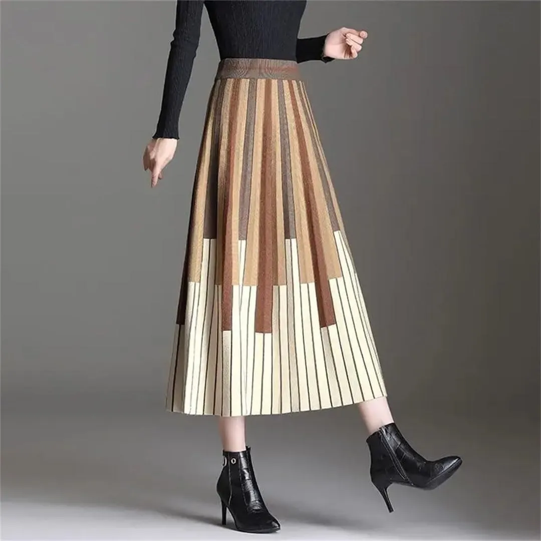 Women's Woolen Slim Skirt High Waist Stripe Loose Office Knitted Pleated A-Line Skirt