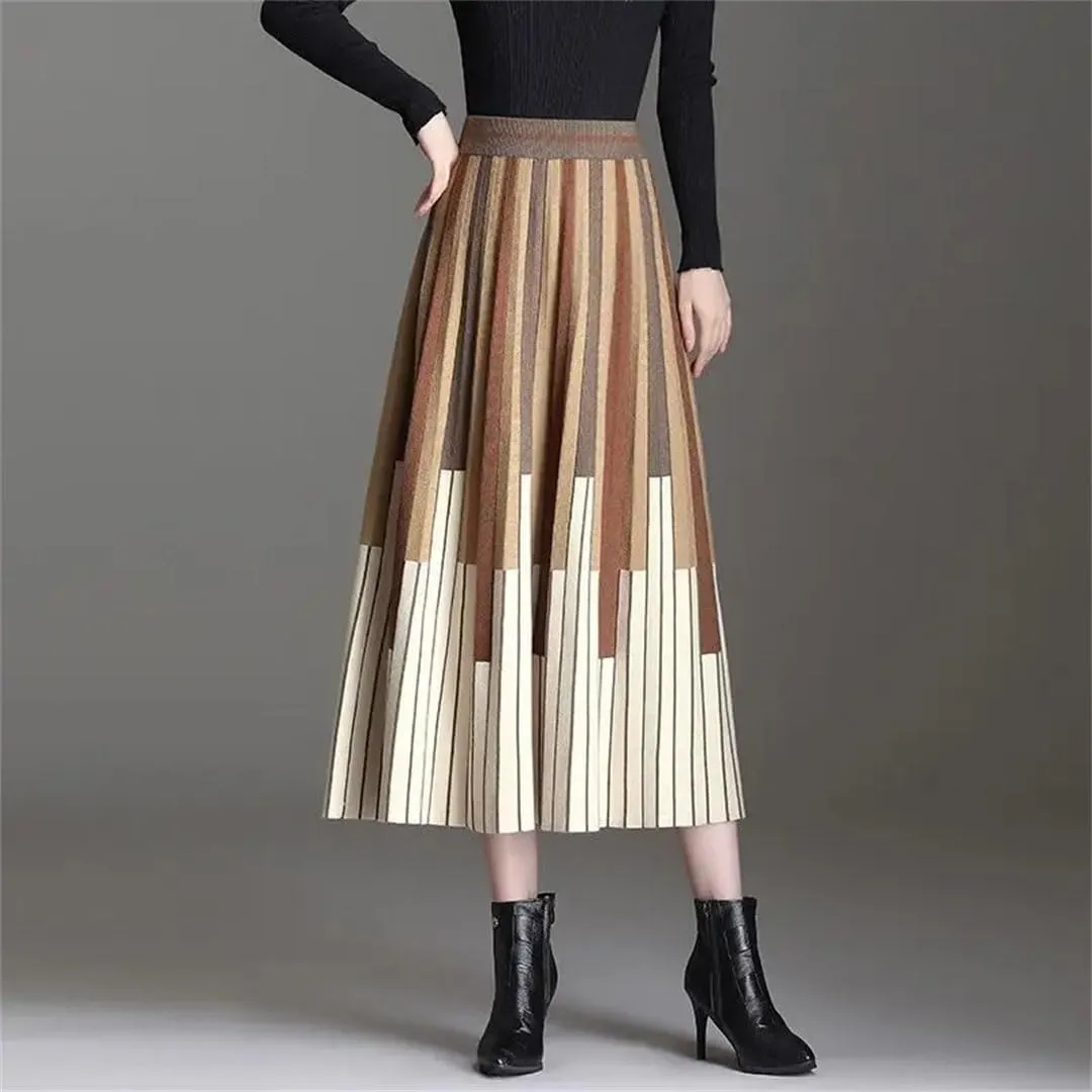 Women's Woolen Slim Skirt High Waist Stripe Loose Office Knitted Pleated A-Line Skirt