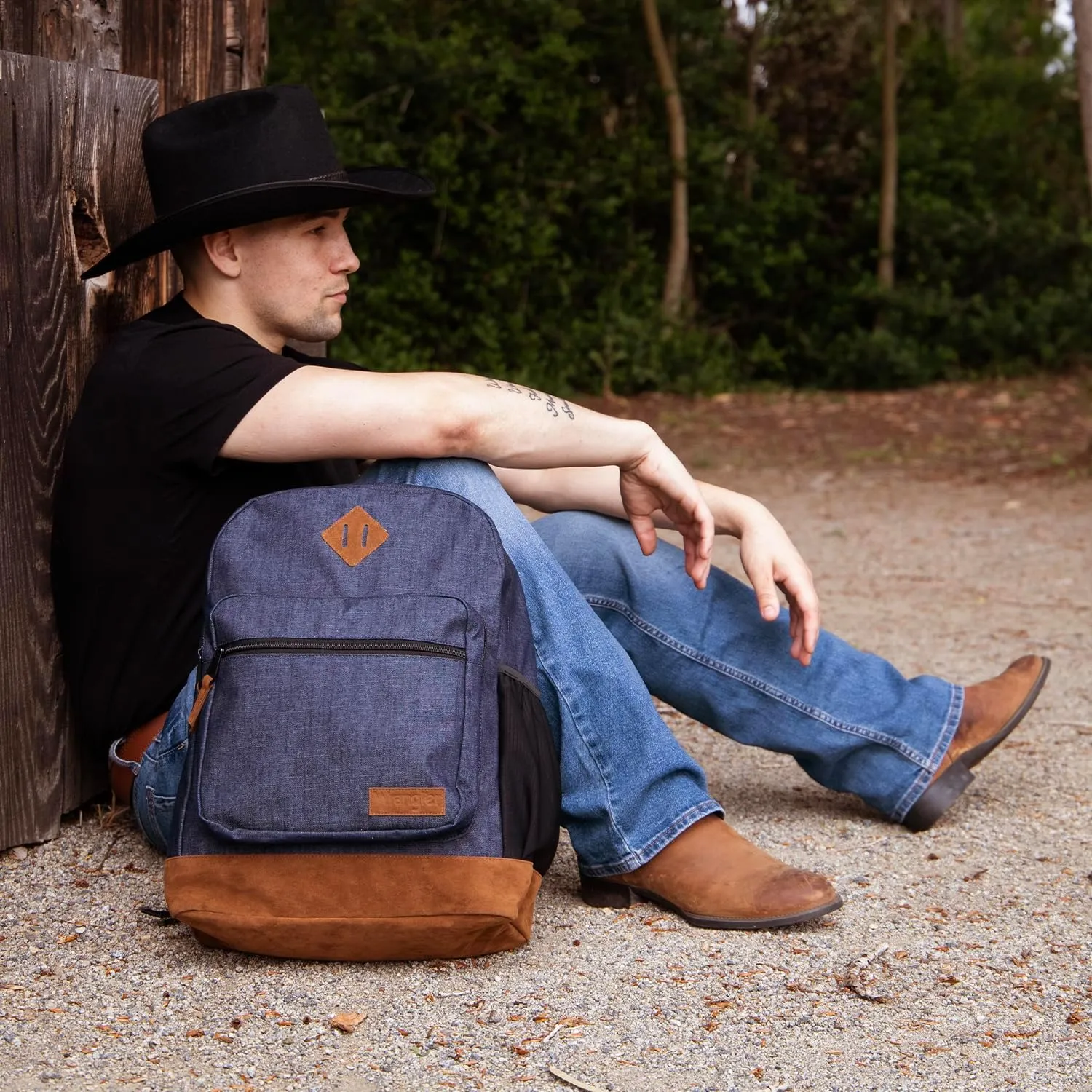 Wrangler Yellowstone Genuine Denim Sturdy Backpack for Travel Classic Logo Casual Daypack for Travel with Padded Laptop Notebook Sleeve (Navy Denim)