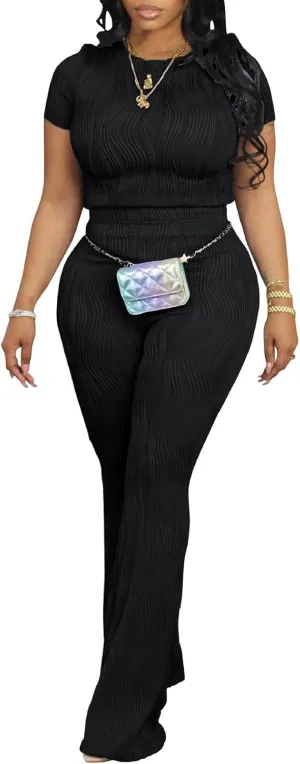 XZLUFNY Lounge Sets For Women 2 Piece Casual Y2K Outfits Short Sleeve Tops Flare Pants Tracksuits