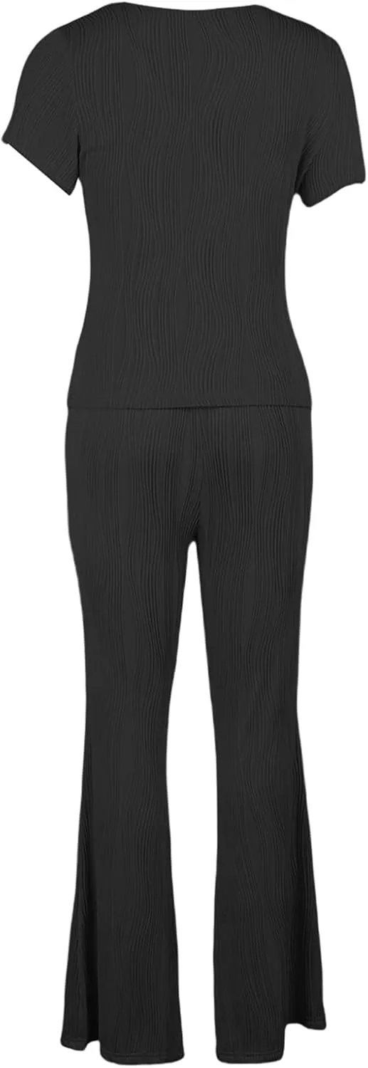 XZLUFNY Lounge Sets For Women 2 Piece Casual Y2K Outfits Short Sleeve Tops Flare Pants Tracksuits