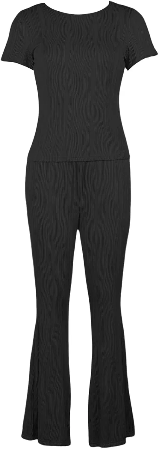 XZLUFNY Lounge Sets For Women 2 Piece Casual Y2K Outfits Short Sleeve Tops Flare Pants Tracksuits