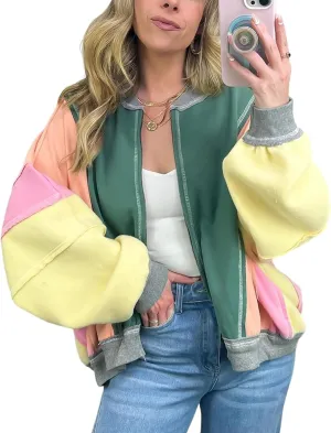 Yimoon Women's Oversized Bomber Jacket Color Block Splicing Y2K Zip Up Hoodie Casual Loose Fall Coat Outwear with Pockets