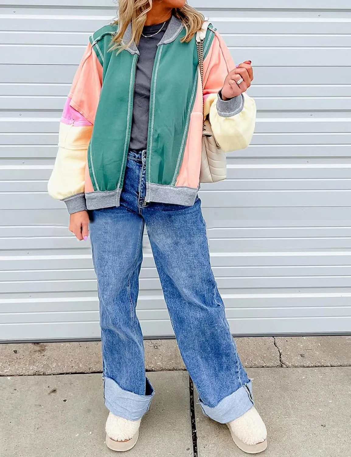 Yimoon Women's Oversized Bomber Jacket Color Block Splicing Y2K Zip Up Hoodie Casual Loose Fall Coat Outwear with Pockets