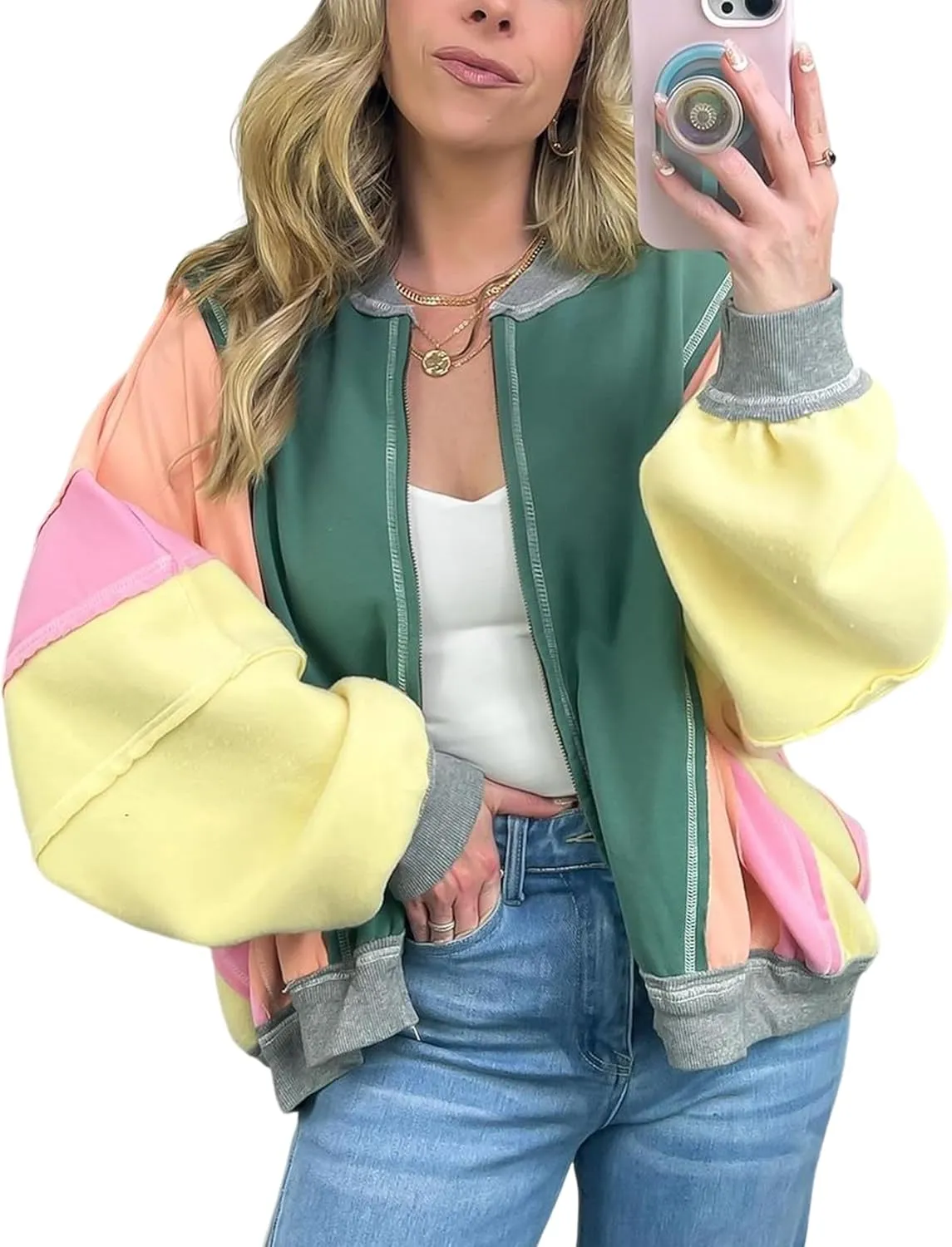 Yimoon Women's Oversized Bomber Jacket Color Block Splicing Y2K Zip Up Hoodie Casual Loose Fall Coat Outwear with Pockets