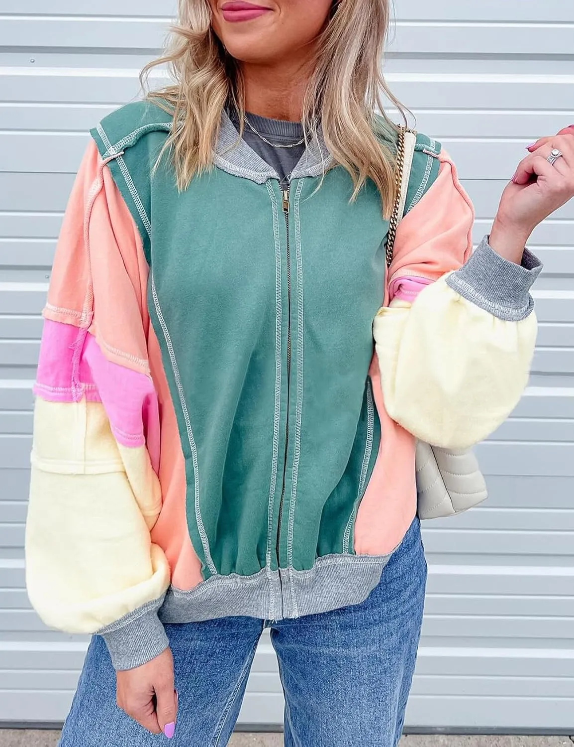 Yimoon Women's Oversized Bomber Jacket Color Block Splicing Y2K Zip Up Hoodie Casual Loose Fall Coat Outwear with Pockets