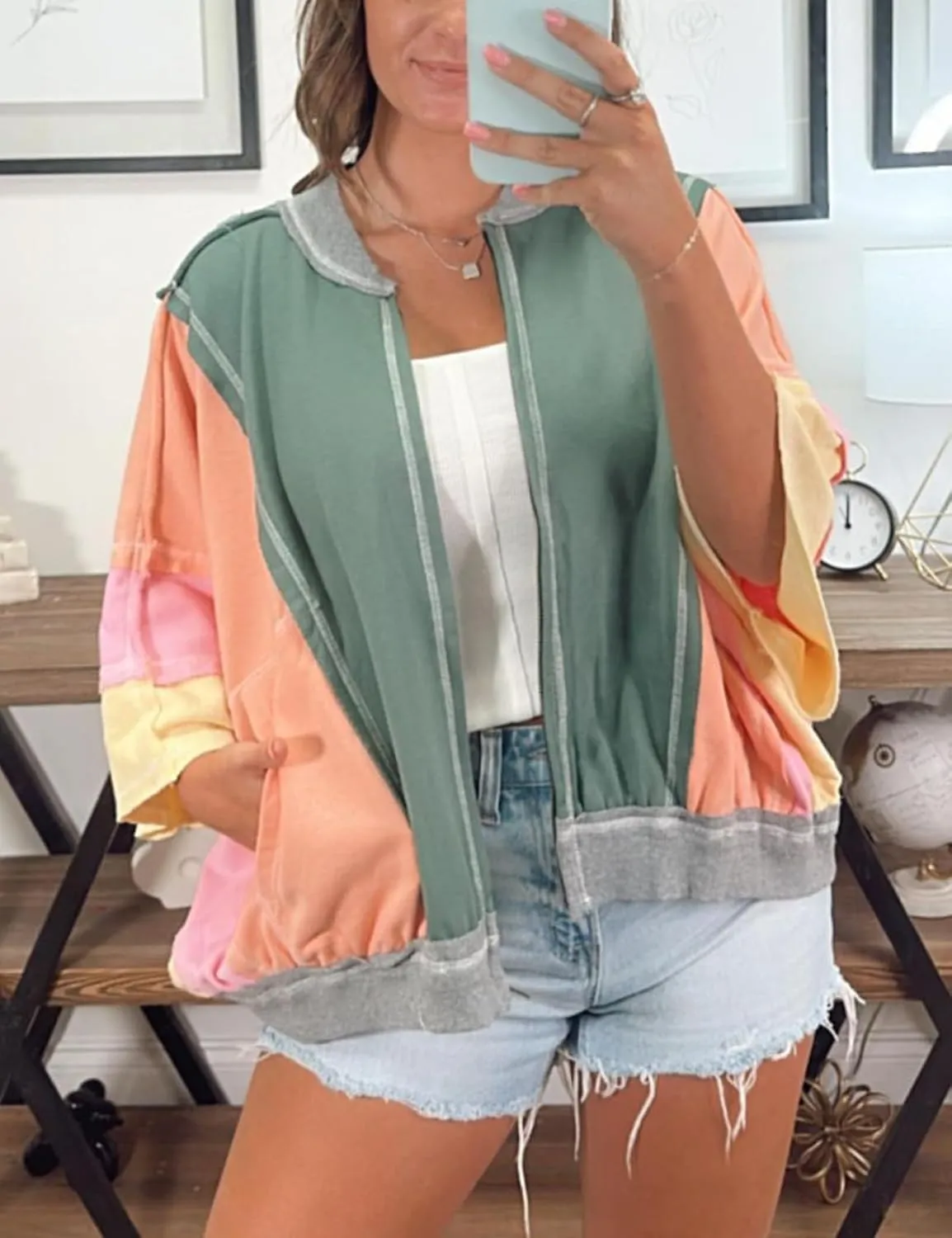 Yimoon Women's Oversized Bomber Jacket Color Block Splicing Y2K Zip Up Hoodie Casual Loose Fall Coat Outwear with Pockets