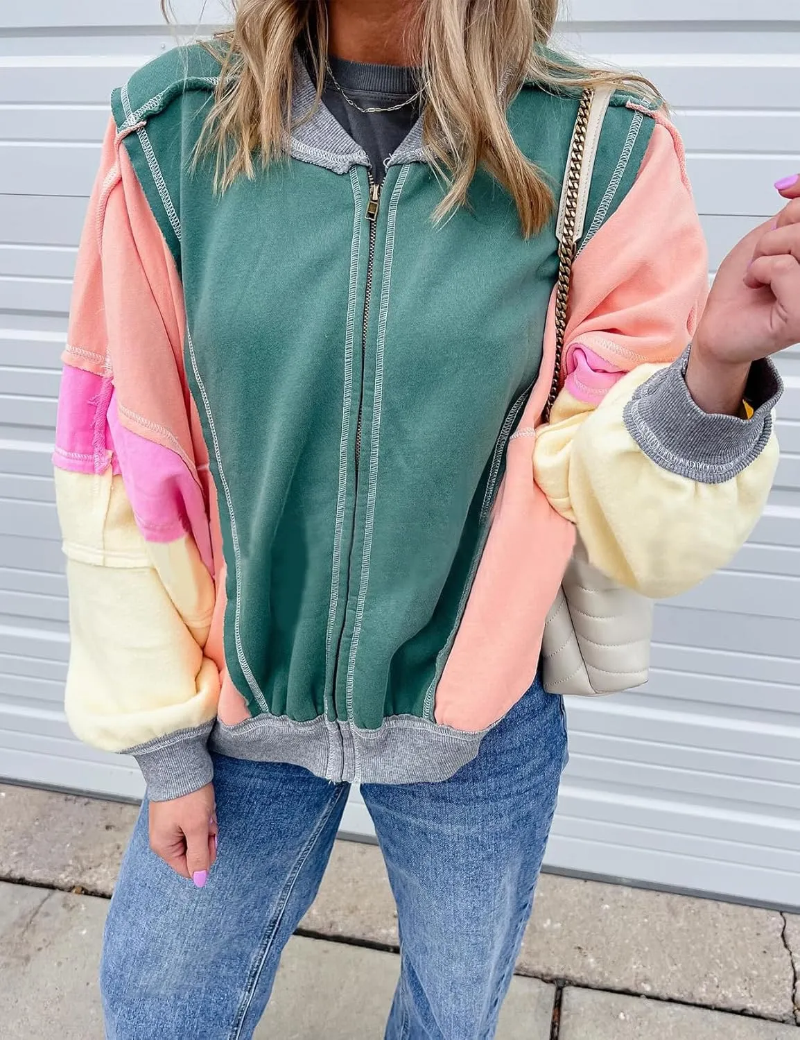 Yimoon Women's Oversized Bomber Jacket Color Block Splicing Y2K Zip Up Hoodie Casual Loose Fall Coat Outwear with Pockets