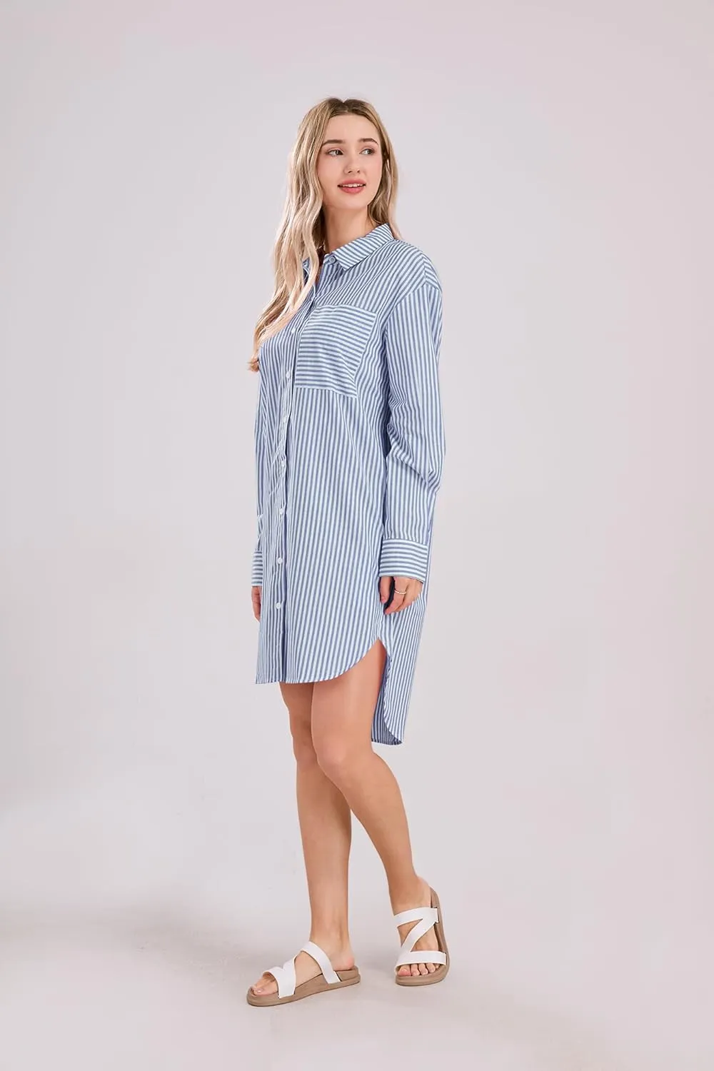 yoeasy Women's Casual Loose Long Sleeve Striped Button Down Mini Shirts Dress with Pocket