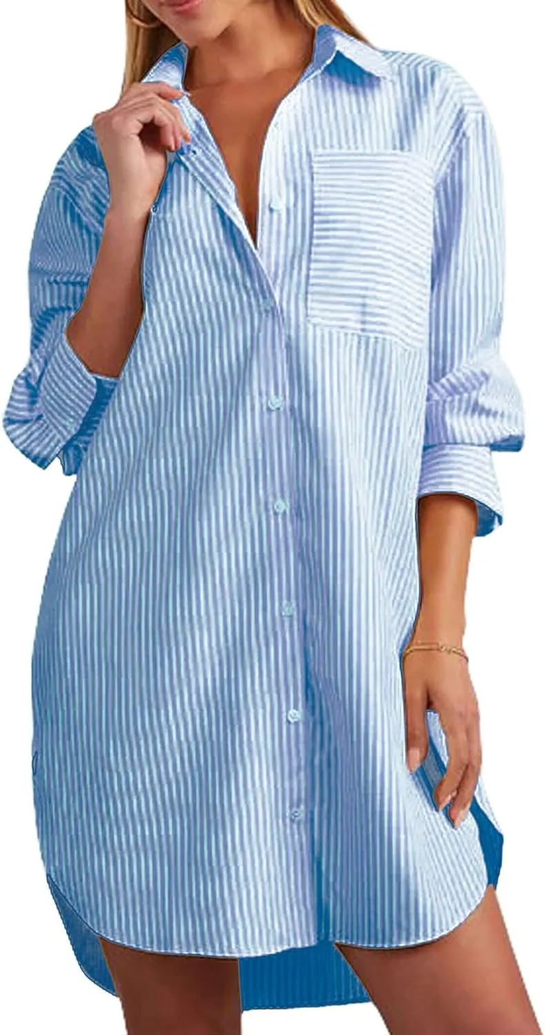 yoeasy Women's Casual Loose Long Sleeve Striped Button Down Mini Shirts Dress with Pocket