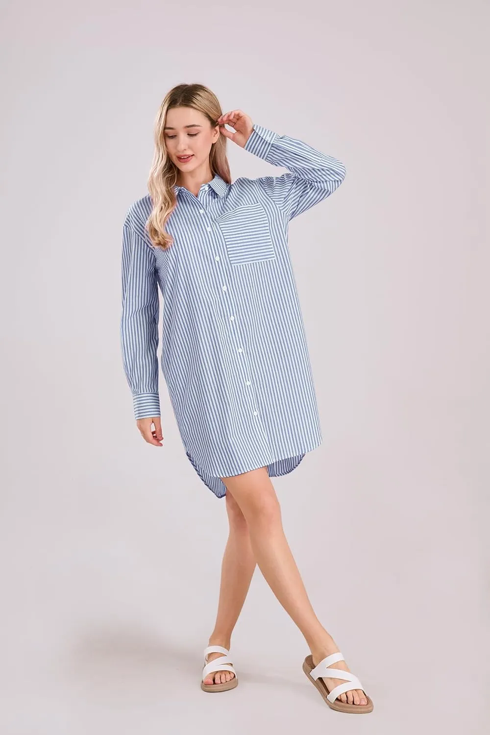 yoeasy Women's Casual Loose Long Sleeve Striped Button Down Mini Shirts Dress with Pocket