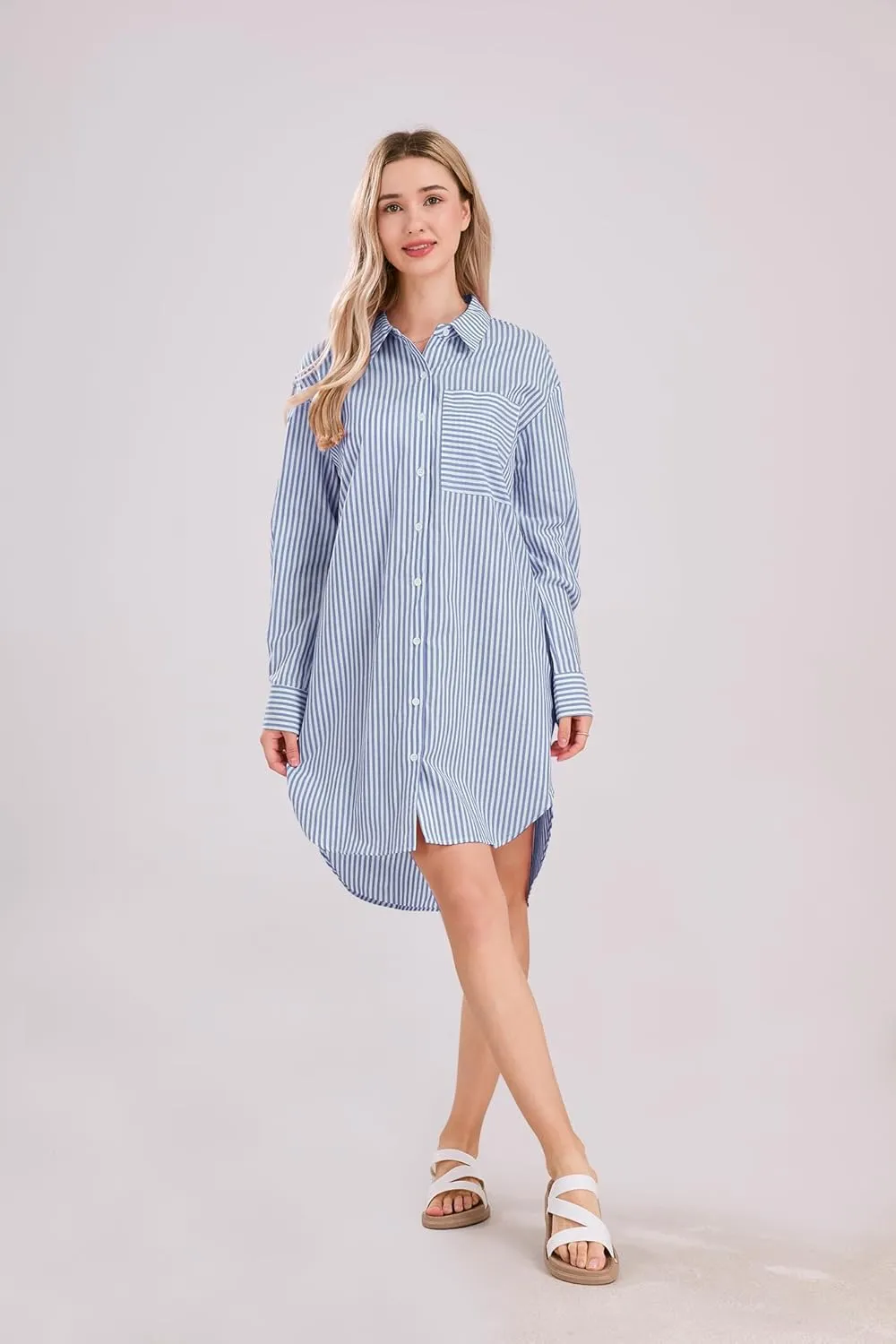 yoeasy Women's Casual Loose Long Sleeve Striped Button Down Mini Shirts Dress with Pocket