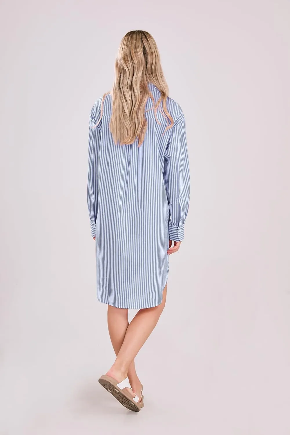 yoeasy Women's Casual Loose Long Sleeve Striped Button Down Mini Shirts Dress with Pocket