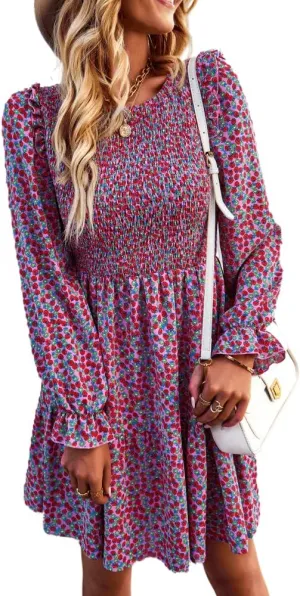 YOXUA Women's Casual Mini Dress, Long Sleeve Crewneck Ruffle Shoulder Floral Printed Pleated Babydoll Short Dress