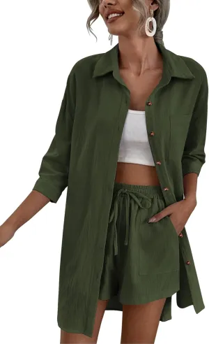 Zeagoo Womens 2 Piece Lounge Tracksuit Outfit Sets Cotton Linen High Low Shirt and Drawstring Casual Shorts Set