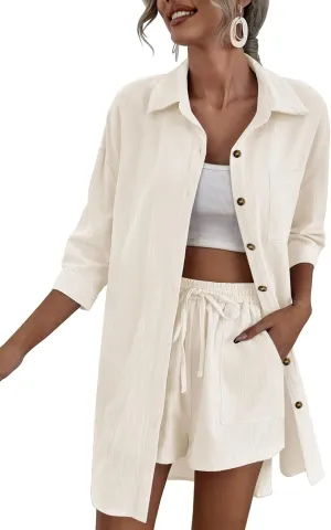 Zeagoo Womens 2 Piece Lounge Tracksuit Outfit Sets Cotton Linen High Low Shirt and Drawstring Casual Shorts Set
