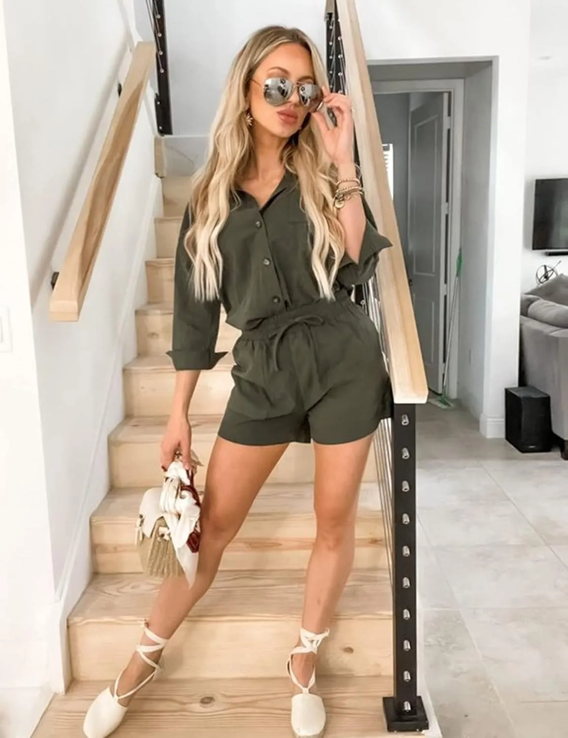 Zeagoo Womens 2 Piece Lounge Tracksuit Outfit Sets Cotton Linen High Low Shirt and Drawstring Casual Shorts Set