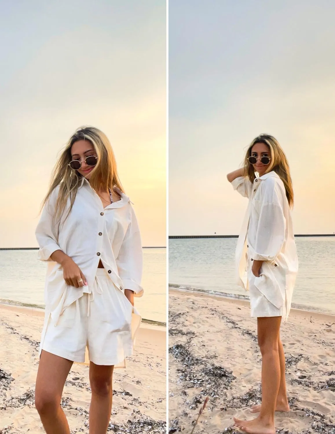 Zeagoo Womens 2 Piece Lounge Tracksuit Outfit Sets Cotton Linen High Low Shirt and Drawstring Casual Shorts Set