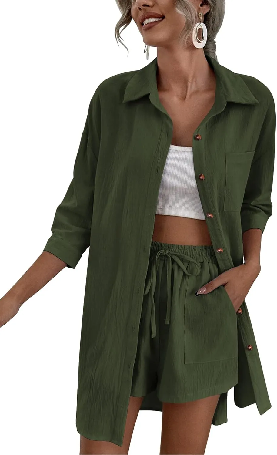 Zeagoo Womens 2 Piece Lounge Tracksuit Outfit Sets Cotton Linen High Low Shirt and Drawstring Casual Shorts Set