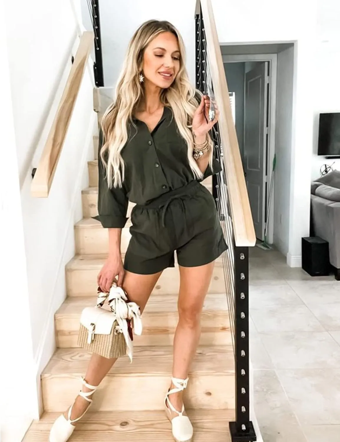 Zeagoo Womens 2 Piece Lounge Tracksuit Outfit Sets Cotton Linen High Low Shirt and Drawstring Casual Shorts Set